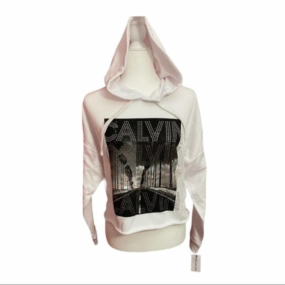 Calvin Klein Hoodie‎ Rhinestone Logo Cropped Graphic Raw Hem Black White Size S